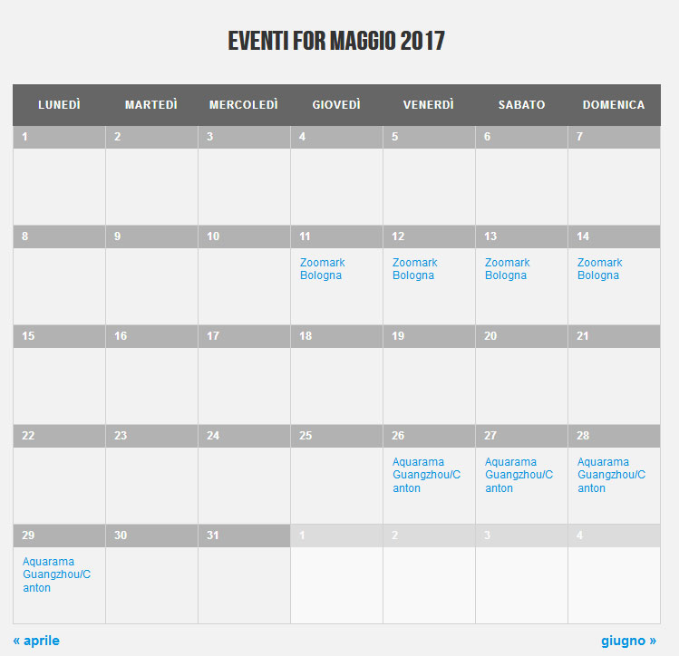 calendario eventi del mondo dell'acquario - vista mensile