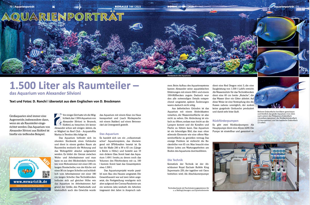 La prima pagina dell'articolo dello spettacolare acquario di Alexander Silvioni su Koralle 144