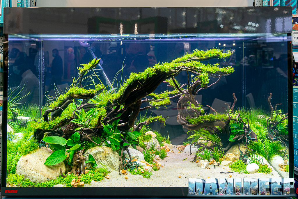 Un acquario Eheim piantumato con Aquascape da Simone Castagnoli presso lo stand Newa a Zoomark 2021