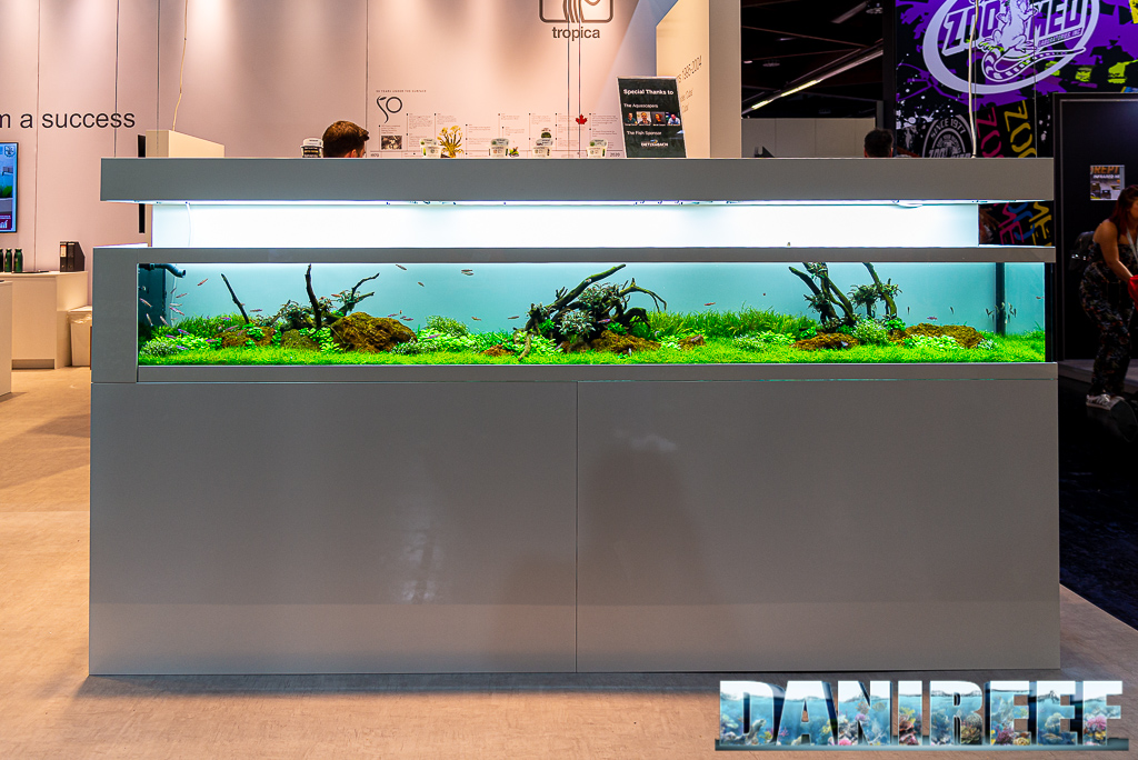 L'acquario Tropica che ci ha fatto battere il cuore ad Interzoo 2022: basso e molto lungo. Spettacolo puro. Un sogno di arredamento.