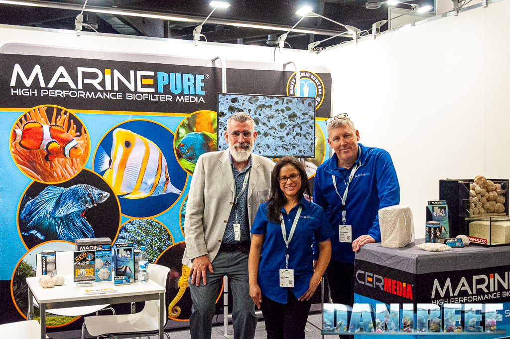 Francois of AquariumPartners with Leyda Vazquez and Paul Pustulka of CerMedia at their booth at the Interzoo 2022