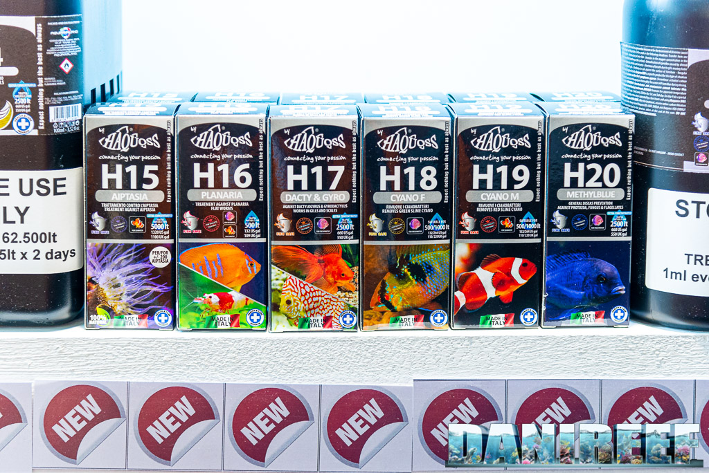 novità prodotti Haquoss presso lo stand Aquarialand a Interzoo 2022: aiptasia, planaria, Dacty & Gyro, Cyano F, Cyano M e Methylblue
