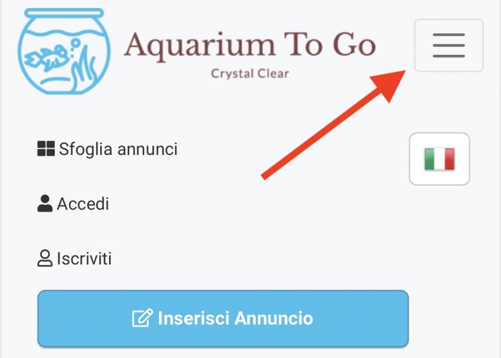 Indicazione del menù ad hamburger di Aquarium To Go da smartphone