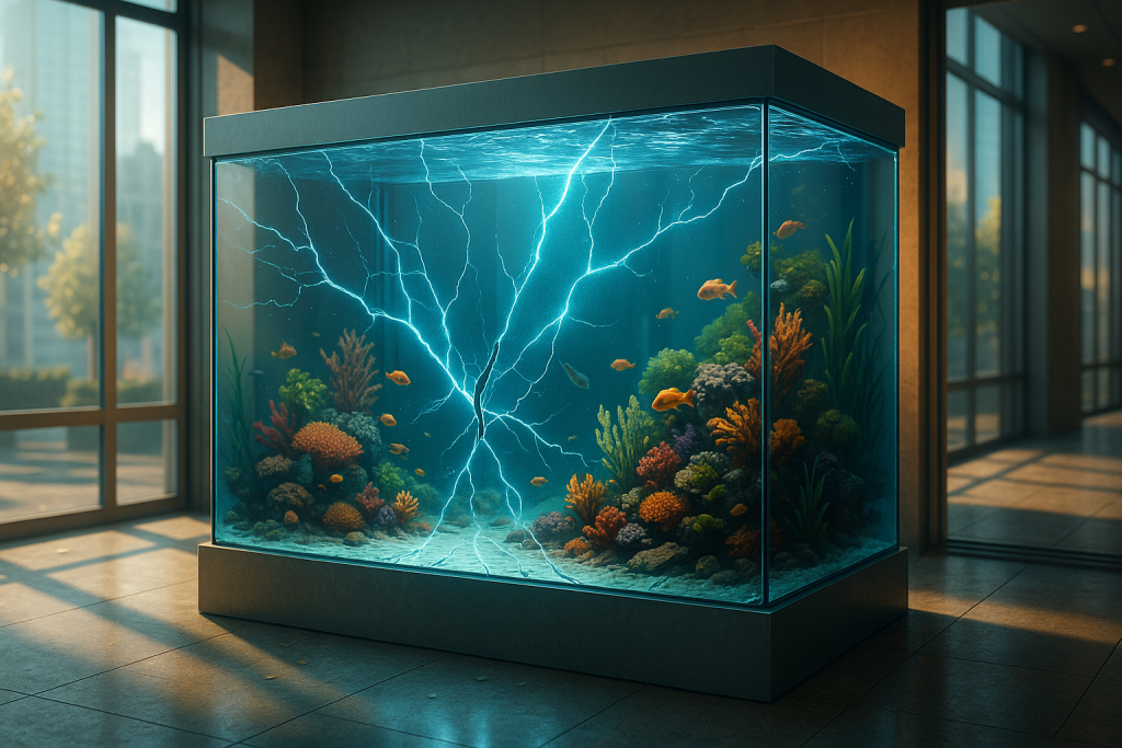 Acquario marino futuristico con vetro auto-riparante che mostra crepe luminose in fase di guarigione, pieno di coralli e pesci tropicali