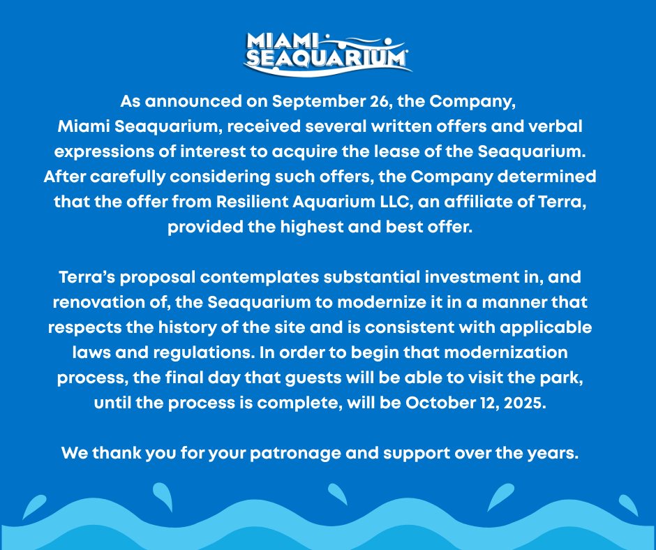 Comunicato ufficiale Miami Seaquarium
