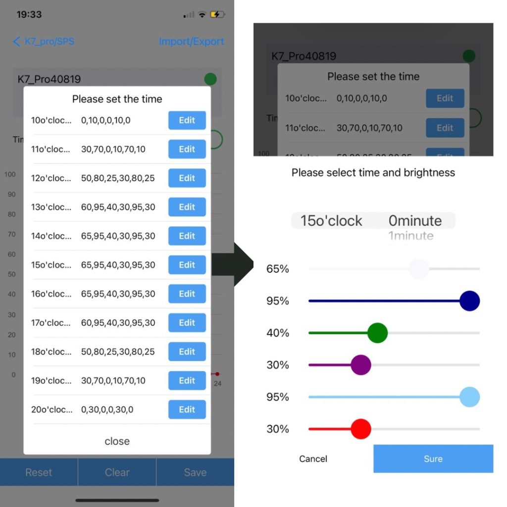 Seconda schermata dell'app Noopsyche con regolazione dei canali LED della K7 Pro V3