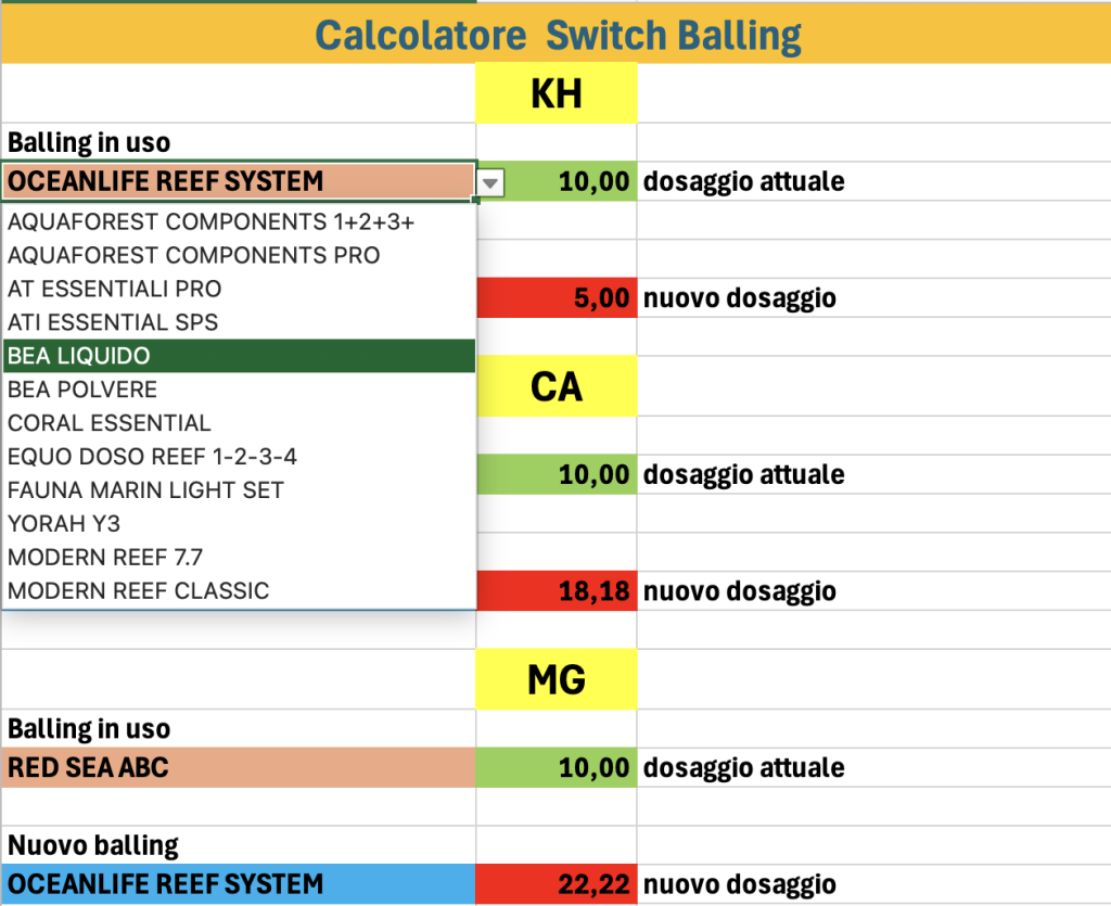calcolatore conversione balling excel per acquari marini