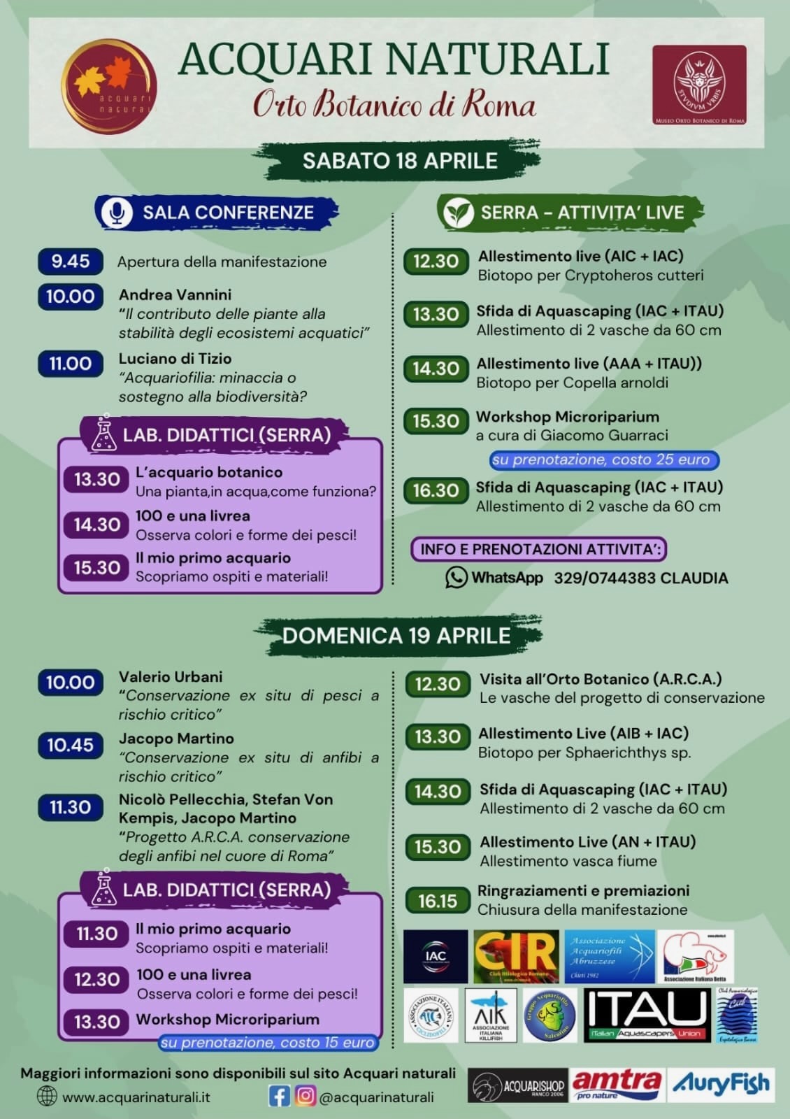 Locandina di Acquari Naturali 2026 all'Orto Botanico di Roma con programma del 18 e 19 aprile