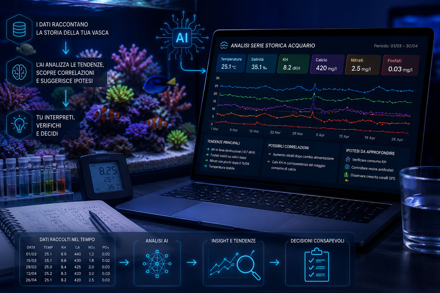 Storico dei valori di un acquario analizzato con intelligenza artificiale