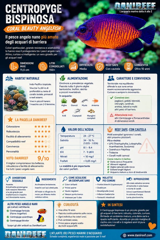 Infografica dedicata al Centropyge bispinosa (Coral Beauty Angelfish) con dimensioni, comportamento, alimentazione, compatibilità reef, valori dell’acqua e pagella DaniReef