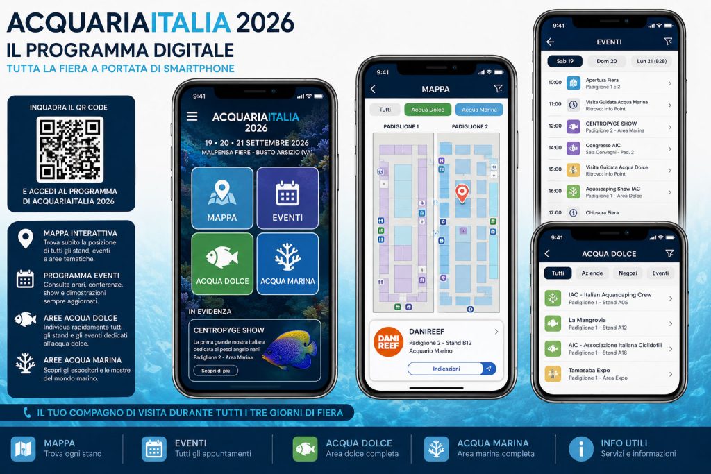 Mockup del programma digitale di AcquariaItalia 2026 consultabile tramite QR Code