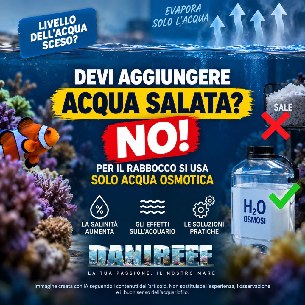 Acquario marino con evaporazione dell’acqua e rabbocco con acqua osmotica per mantenere stabile la salinità