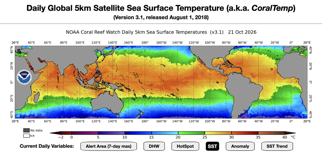 Mappa NOAA Coral Reef Watch della temperatura superficiale degli oceani, rilevata tramite dati satellitari con risoluzione di 5 km