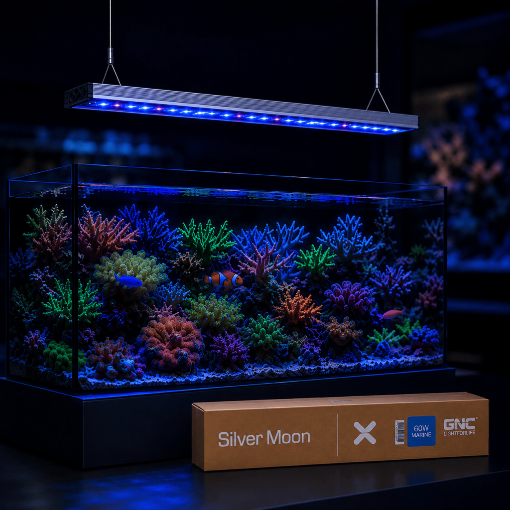 Barra LED GNC SilverMoon X Marine sospesa sopra un acquario di barriera con la confezione in primo piano