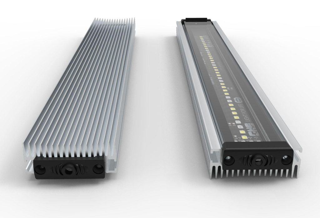 Due barre LED GNC viste dal dissipatore in alluminio e dal lato dei LED