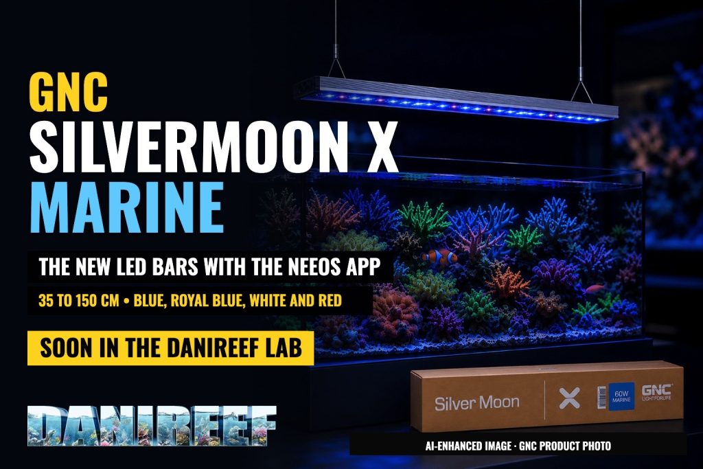 GNC SilverMoon X Marine, the new LED bars for reef aquariums with the neeos app: DaniReef cover created with artificial intelligence from a GNC product photo