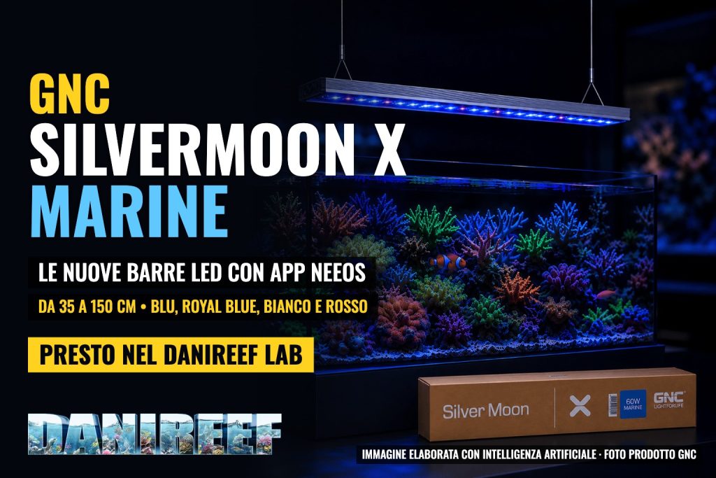 GNC SilverMoon X Marine, le nuove barre LED per acquario marino con app neeos: copertina DaniReef elaborata con intelligenza artificiale su foto prodotto GNC