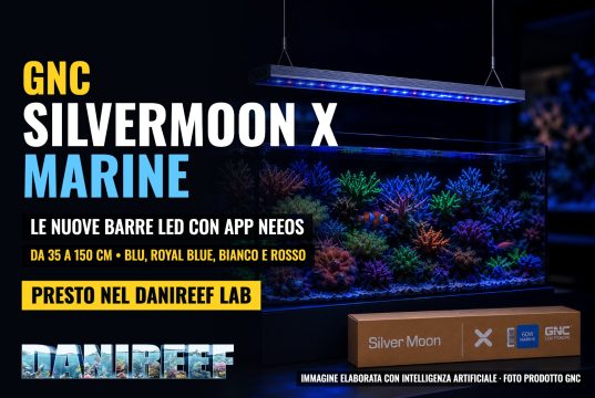 SilverMoon X Marine: le nuove barre LED GNC con app neeos GNC SilverMoon X Marine, le nuove barre LED per acquario marino con app neeos: copertina DaniReef elaborata con intelligenza artificiale su foto prodotto GNC